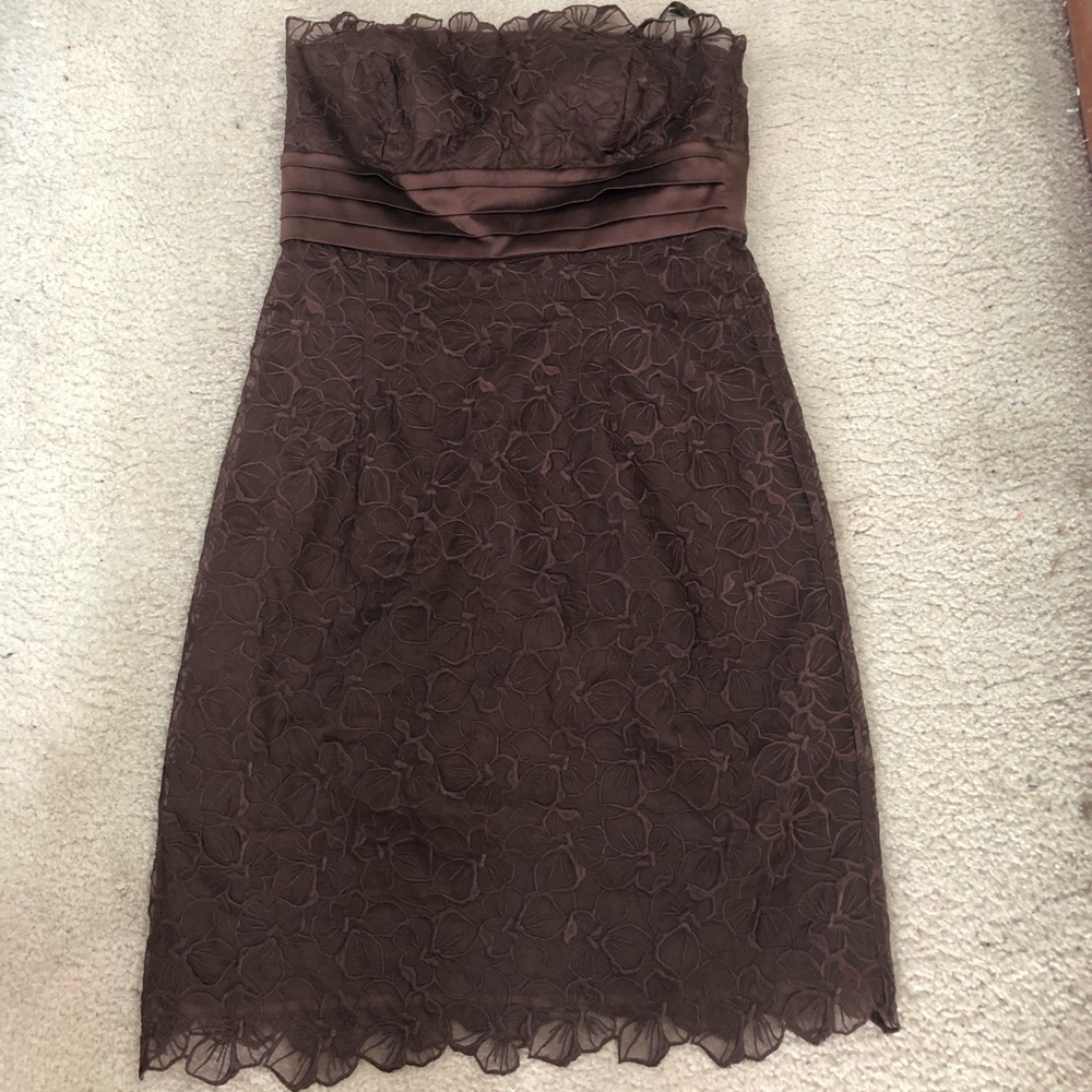 Brown Strapless floral overlay dress